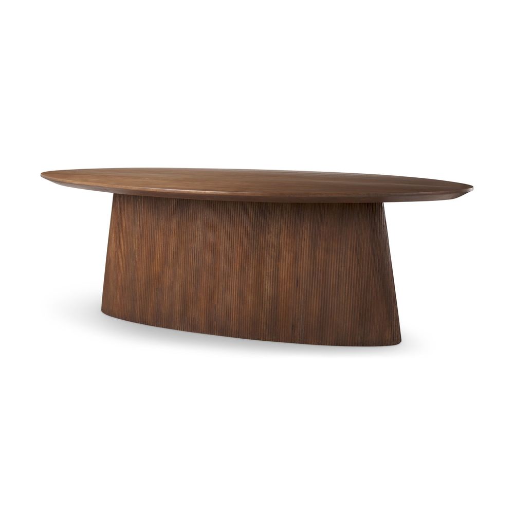 Dimitri Medium Brown Wood Dining Table, shown in medium brown with wood and a solid pedestal base.