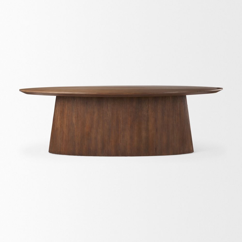 Additional view of Dimitri Medium Brown Wood Dining Table, featuring smooth top finish, wood, and a solid pedestal base.