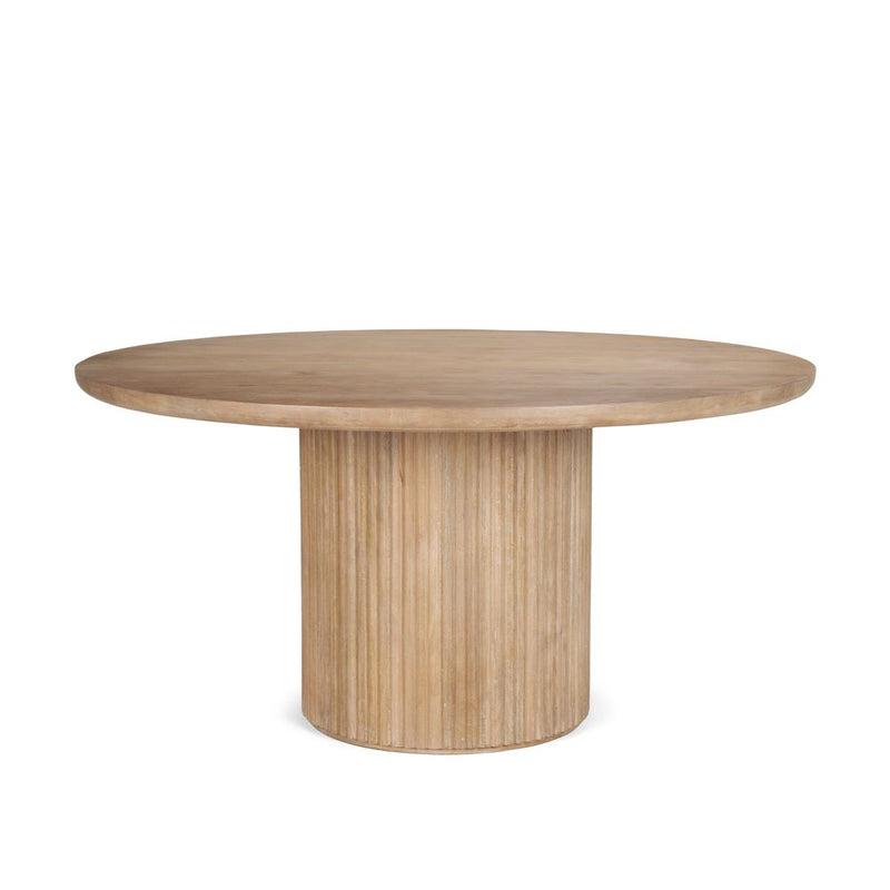 Ella Light Brown Wood Dining Table, shown in light brown and natural oak tan with wood and a central pedestal base.