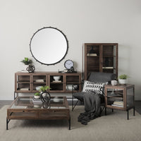 Alternate view of Arelius Sideboard, featuring powder-coated metal, wood, glass, and four glass-front cabinet doors.