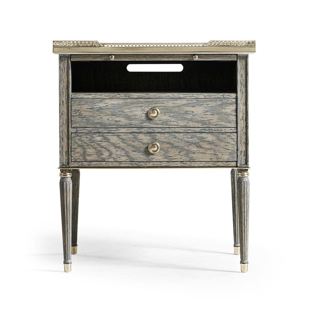 Arlingham Nightstand, shown in weathered gray and taupe gray with wood, brass, and two full-extension drawers.