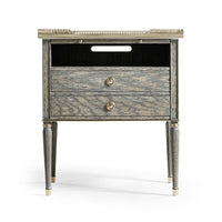 Arlingham Nightstand, shown in weathered gray and taupe gray with wood, brass, and two full-extension drawers.