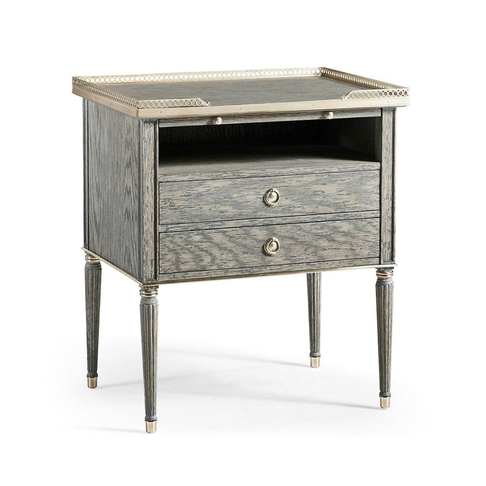 Alternate view of Arlingham Nightstand, featuring cerused grain, wood, brass, and two full-extension drawers.