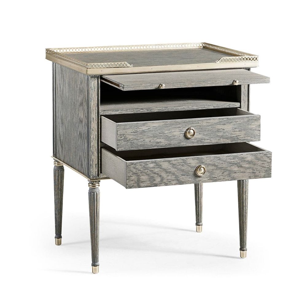Additional view of Arlingham Nightstand, featuring cerused grain, wood, brass, and two full-extension drawers.