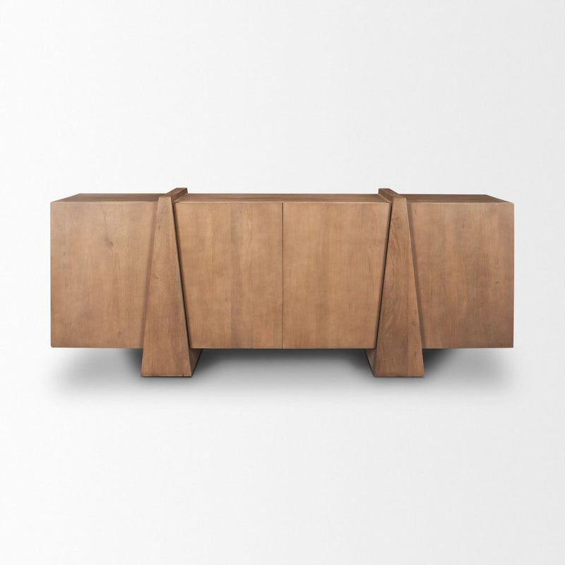 Bourdon Brown Wood Sideboard, shown in medium brown and warm taupe-brown with wood and integrated enclosed storage.