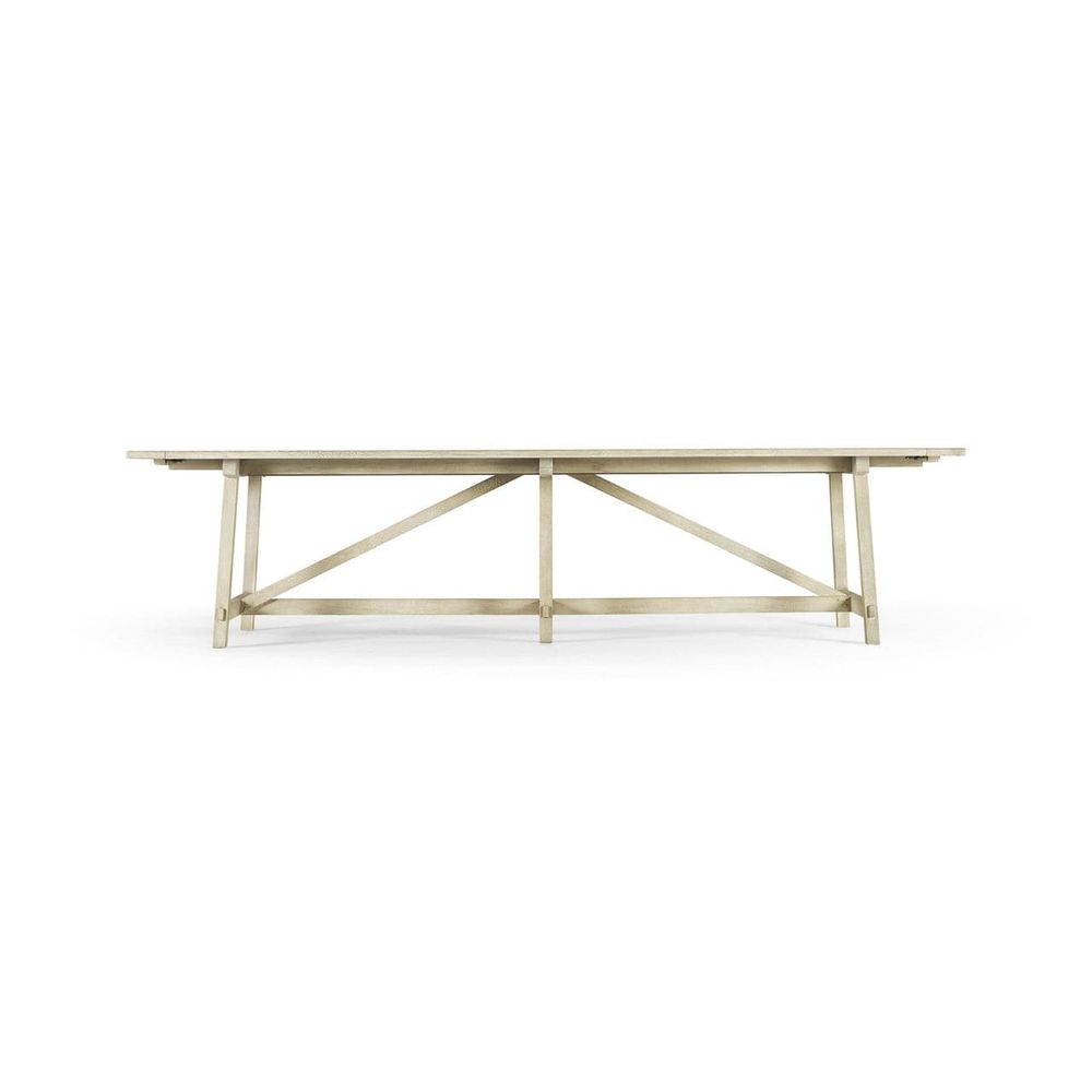 Alternate view of Timeless Sidereal French Laundry Dining Table 125" in Stripped Oak in light natural oak and warm beige.