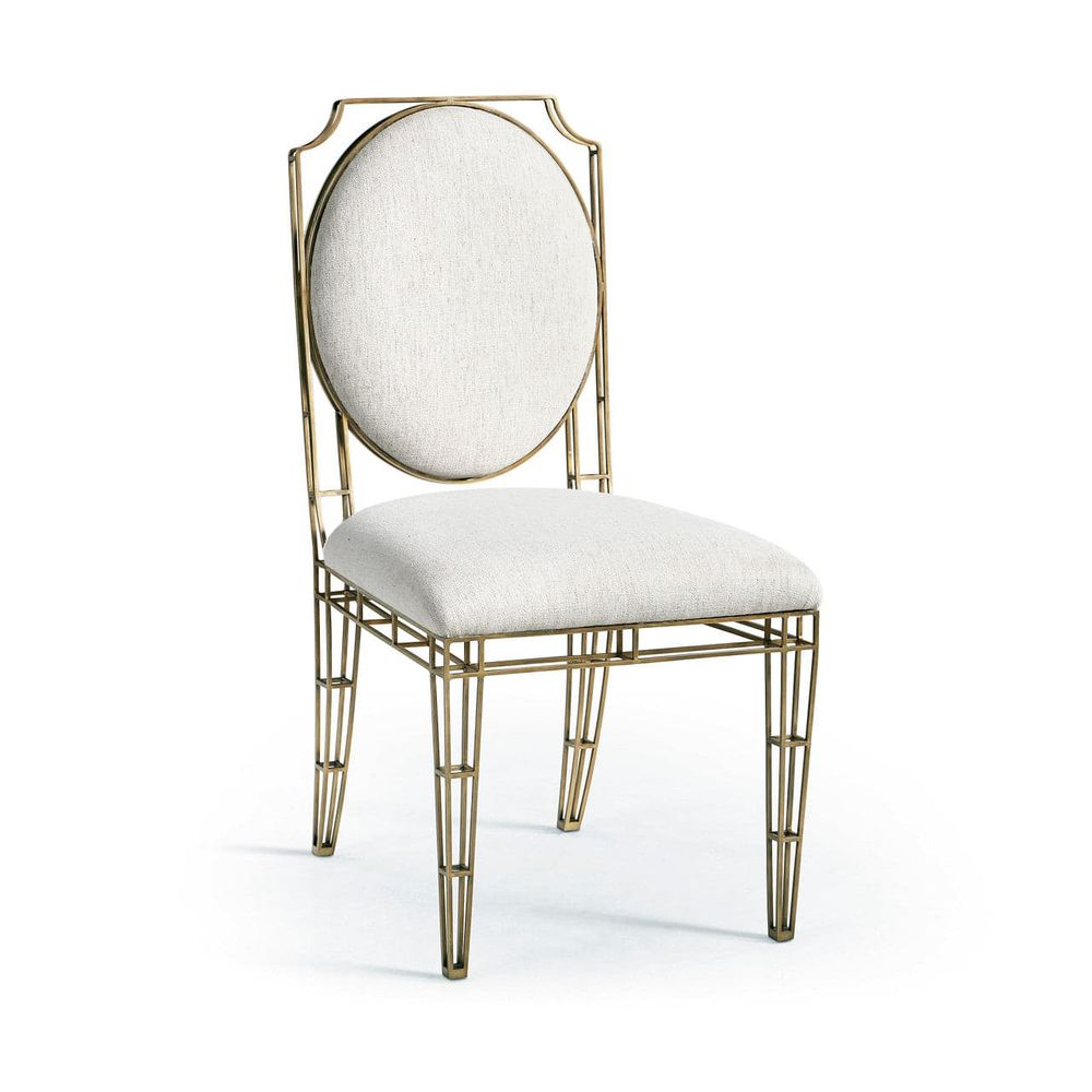 Alternate view of XO Side Chair, featuring textured upholstery finish, metal, fabric, and fixed armless frame.