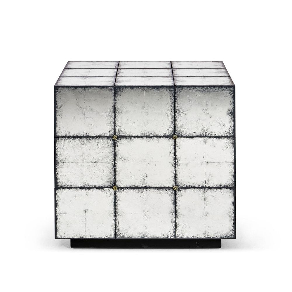Alternate view of Luna Square End Table, featuring distressed, mirrored glass, metal, and a flat square top surface.