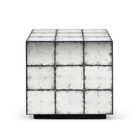 Alternate view of Luna Square End Table, featuring distressed, mirrored glass, metal, and a flat square top surface.