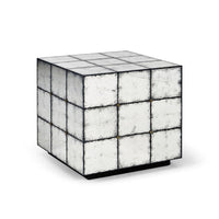 Luna Square End Table, shown in antiqued silver and white with mirrored glass, metal, and a flat square top surface.