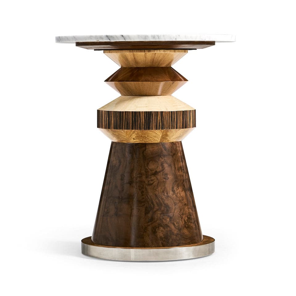 Rook Round Accent Table, shown in warm brown and cream with wood, marble, and round marble tabletop.
