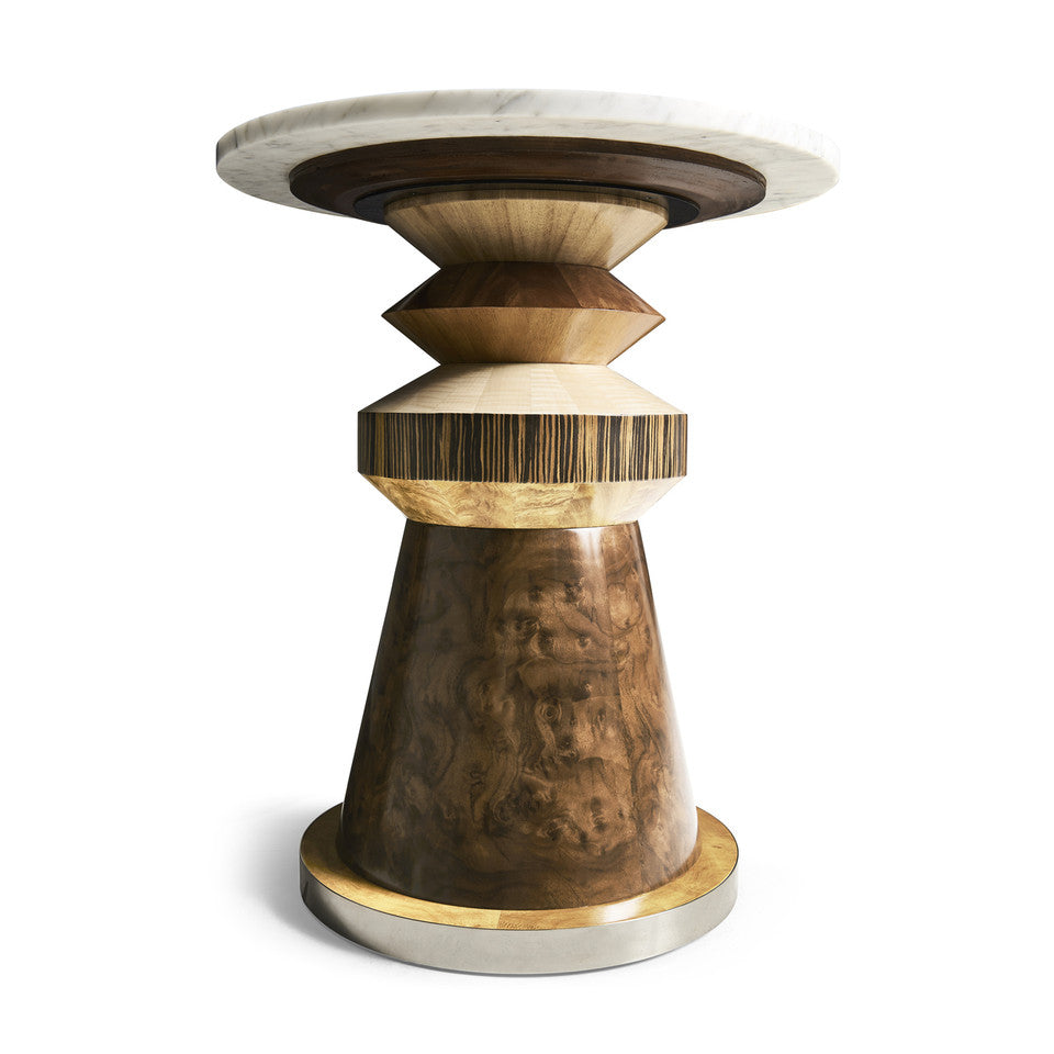 Additional view of Rook Round Accent Table in warm brown and cream, featuring polished finish and round marble tabletop.