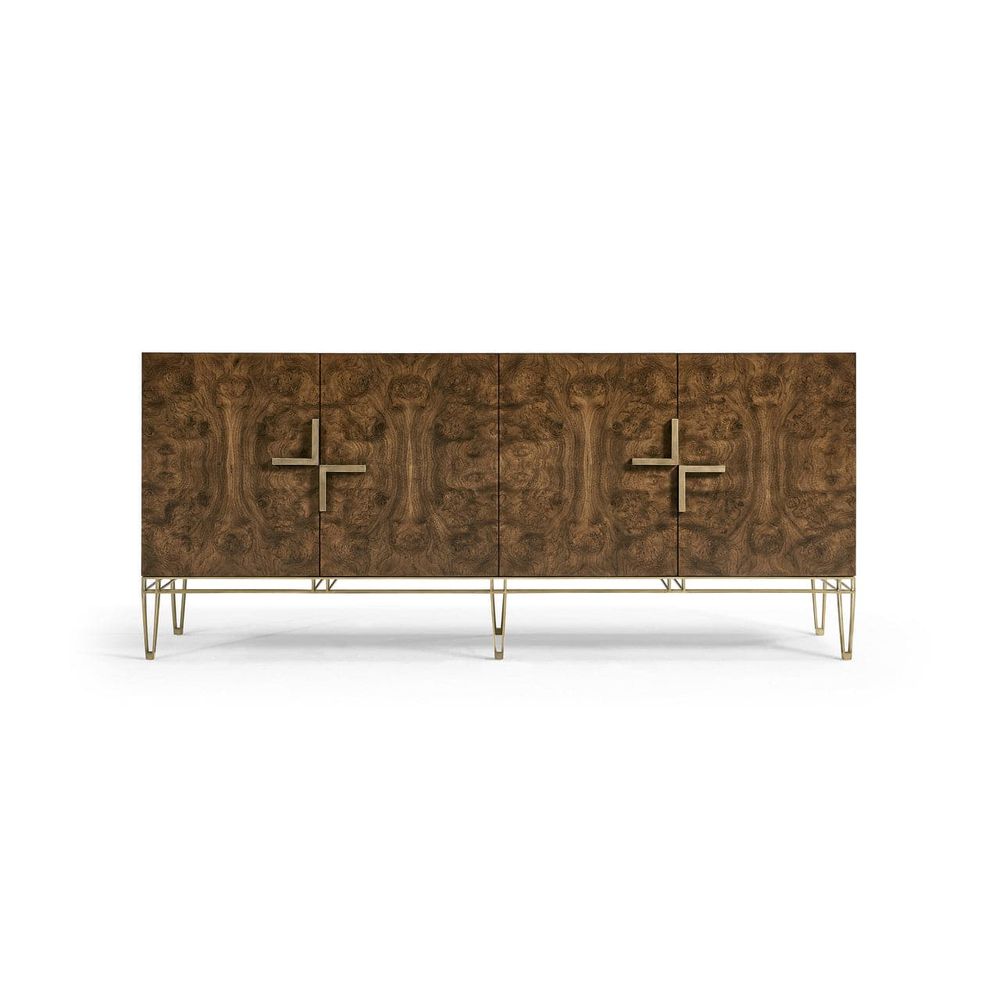 XO Sideboard, shown in warm brown and medium walnut brown with burl wood veneer, brass metal, and four-door cabinet storage.