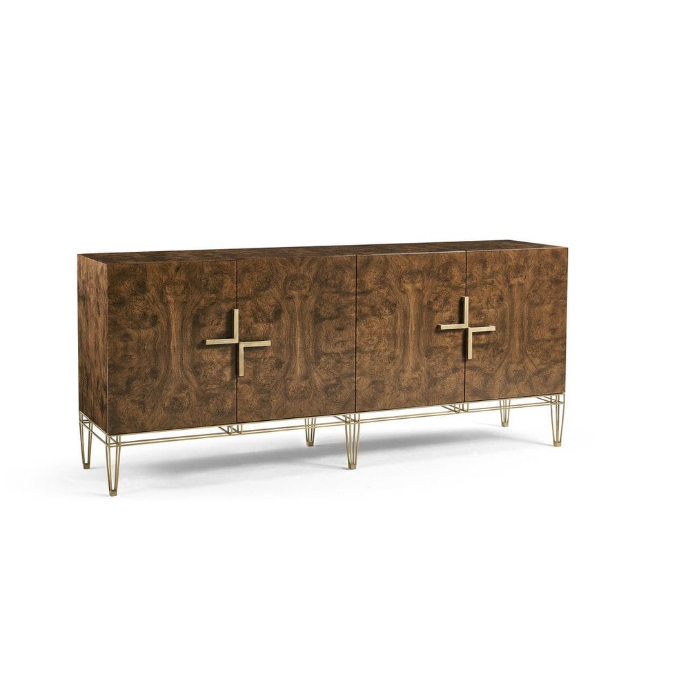 Alternate view of XO Sideboard, featuring burl wood veneer, brass metal, and four-door cabinet storage.