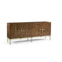 Alternate view of XO Sideboard, featuring burl wood veneer, brass metal, and four-door cabinet storage.