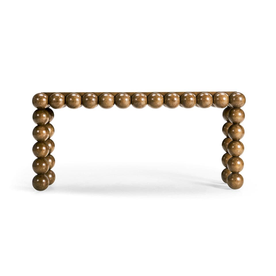 Orb Console Table, shown in medium brown and warm walnut brown with wood and a flat rectangular console top.