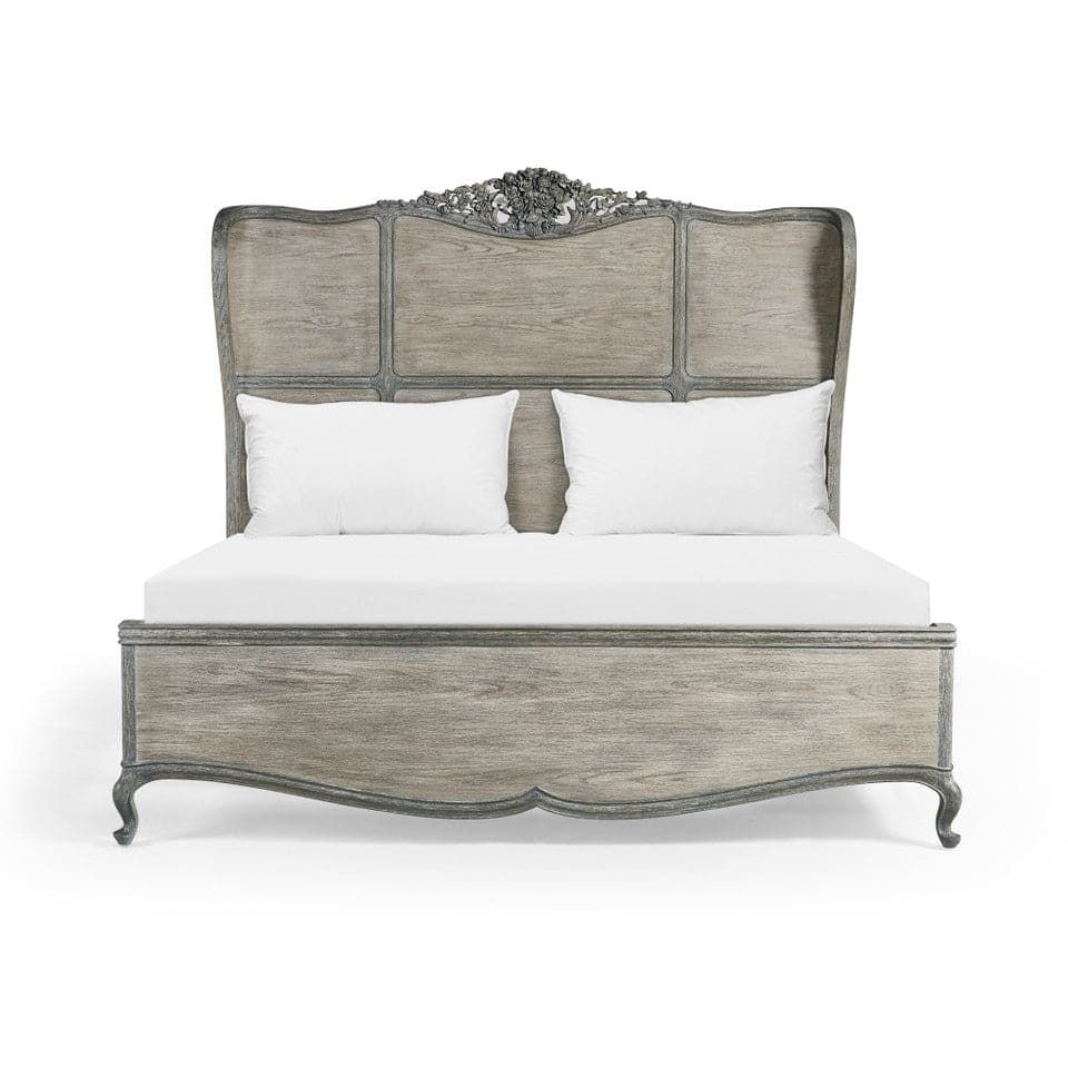 Arlingham King Shelter Bed in weathered gray and light gray-brown.