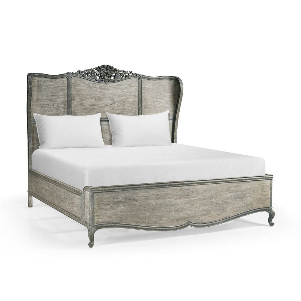 Alternate view of Arlingham King Shelter Bed in weathered gray and light gray-brown.