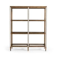 Jacques Etagere, shown in warm medium brown and walnut brown with wood, wood veneer, and open multi-tier shelving.