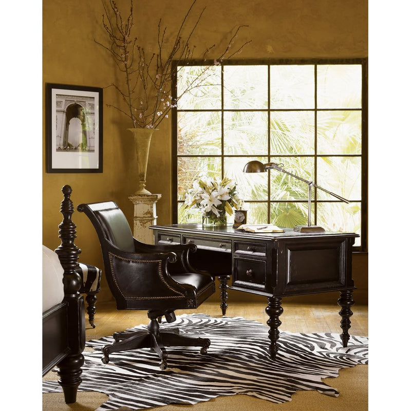 Alternate view of Admiralty Desk Chair, featuring nailhead trim finish, leather, wood, and a swivel base.