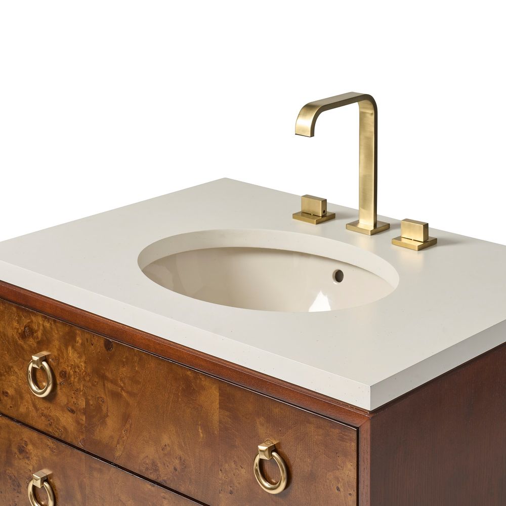 Additional view of Burl & Brass Petite Sink Chest in warm brown burl and cream.