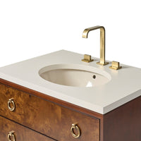 Additional view of Burl & Brass Petite Sink Chest in warm brown burl and cream.