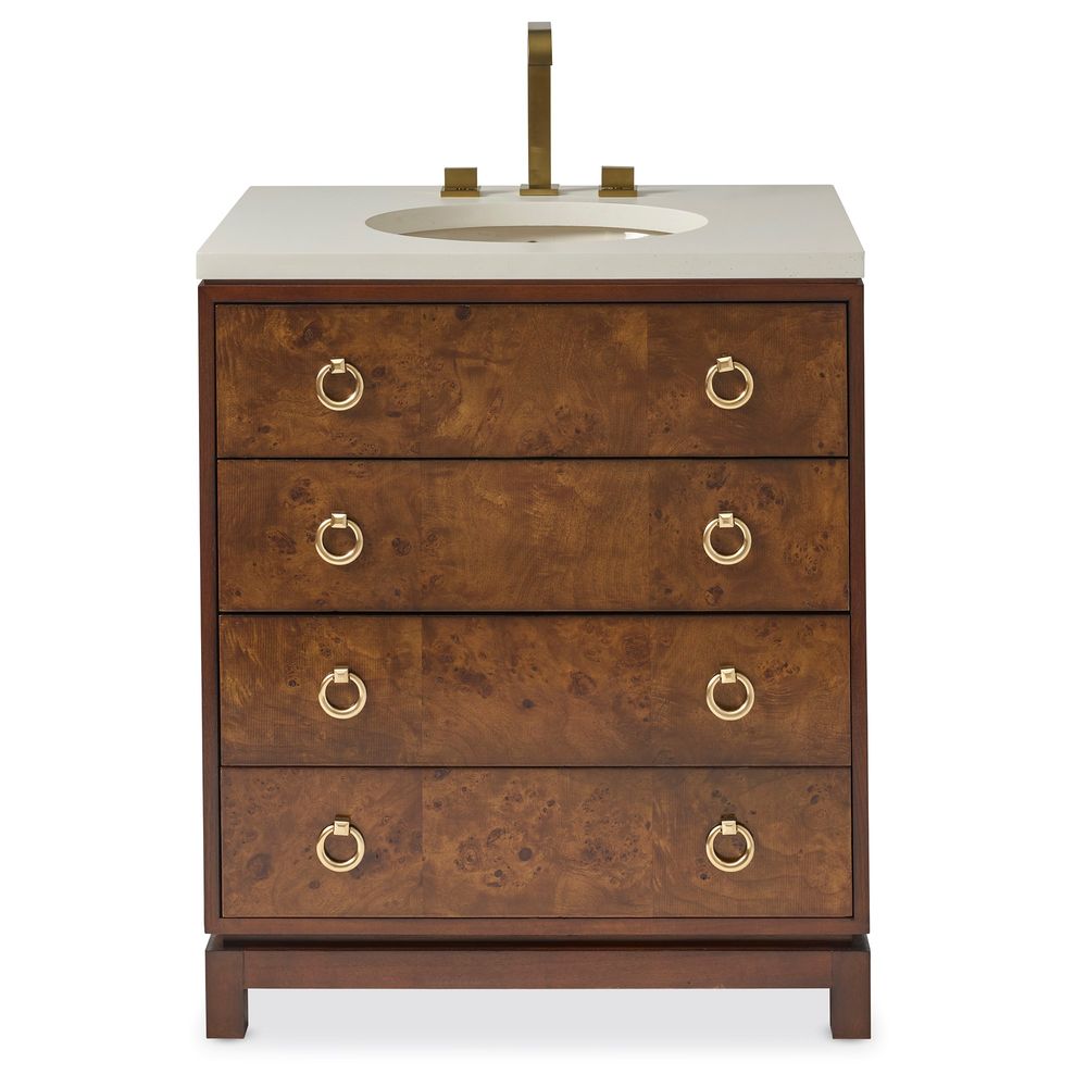 Burl & Brass Petite Sink Chest, shown in warm brown burl and cream with burl wood veneer and solid wood.
