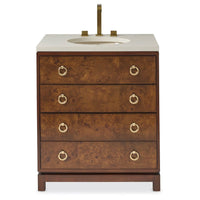 Burl & Brass Petite Sink Chest, shown in warm brown burl and cream with burl wood veneer and solid wood.