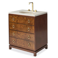 Alternate view of Burl & Brass Petite Sink Chest in warm brown burl and cream.