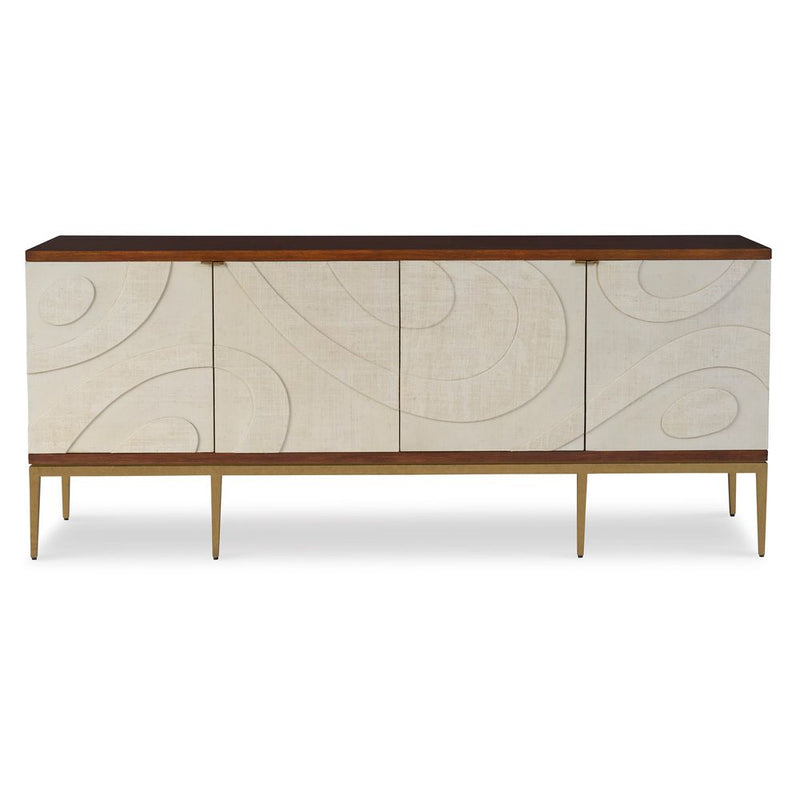 Relief Cabinet, shown in cream and dark walnut brown with wood and textured fabric or grasscloth veneer.