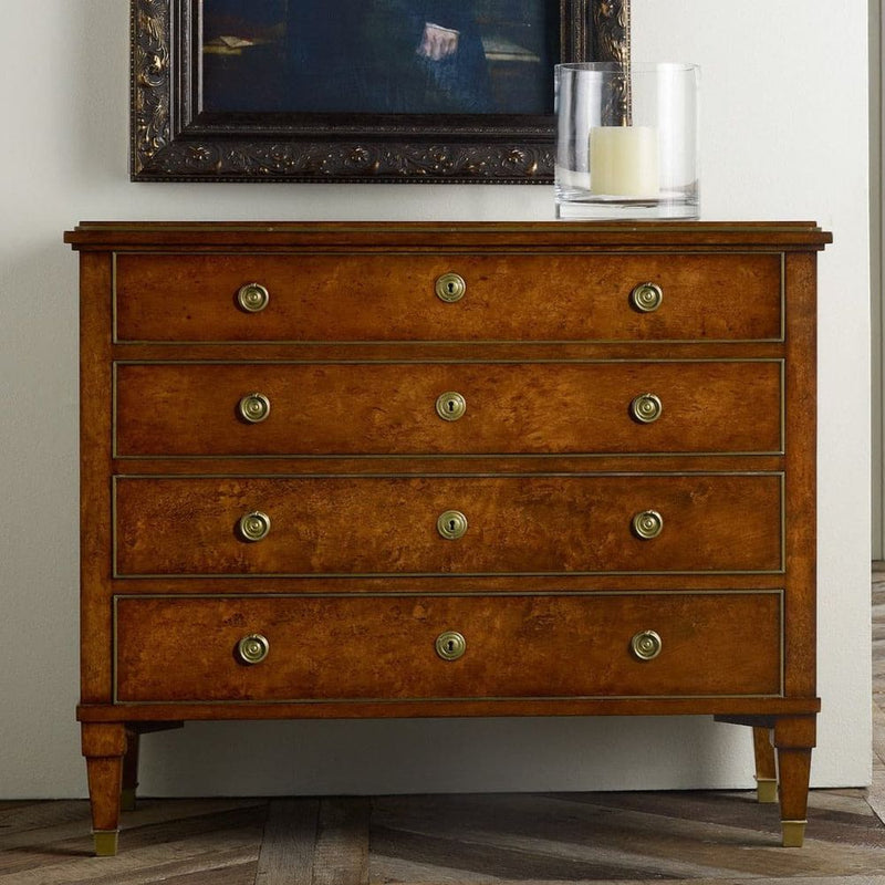 19th Century Classical Chest, shown in warm amber brown and honey oak with figured wood and burl veneer.