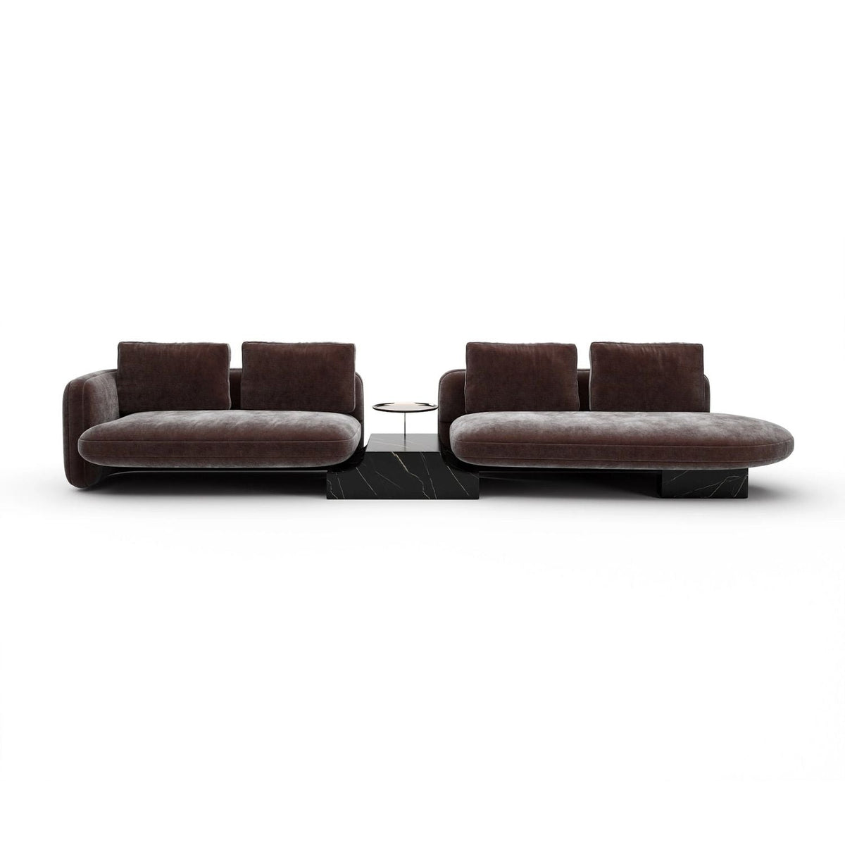 Overlap Bumper Sectional 188, shown in dark brown and espresso with velvet fabric and marble.