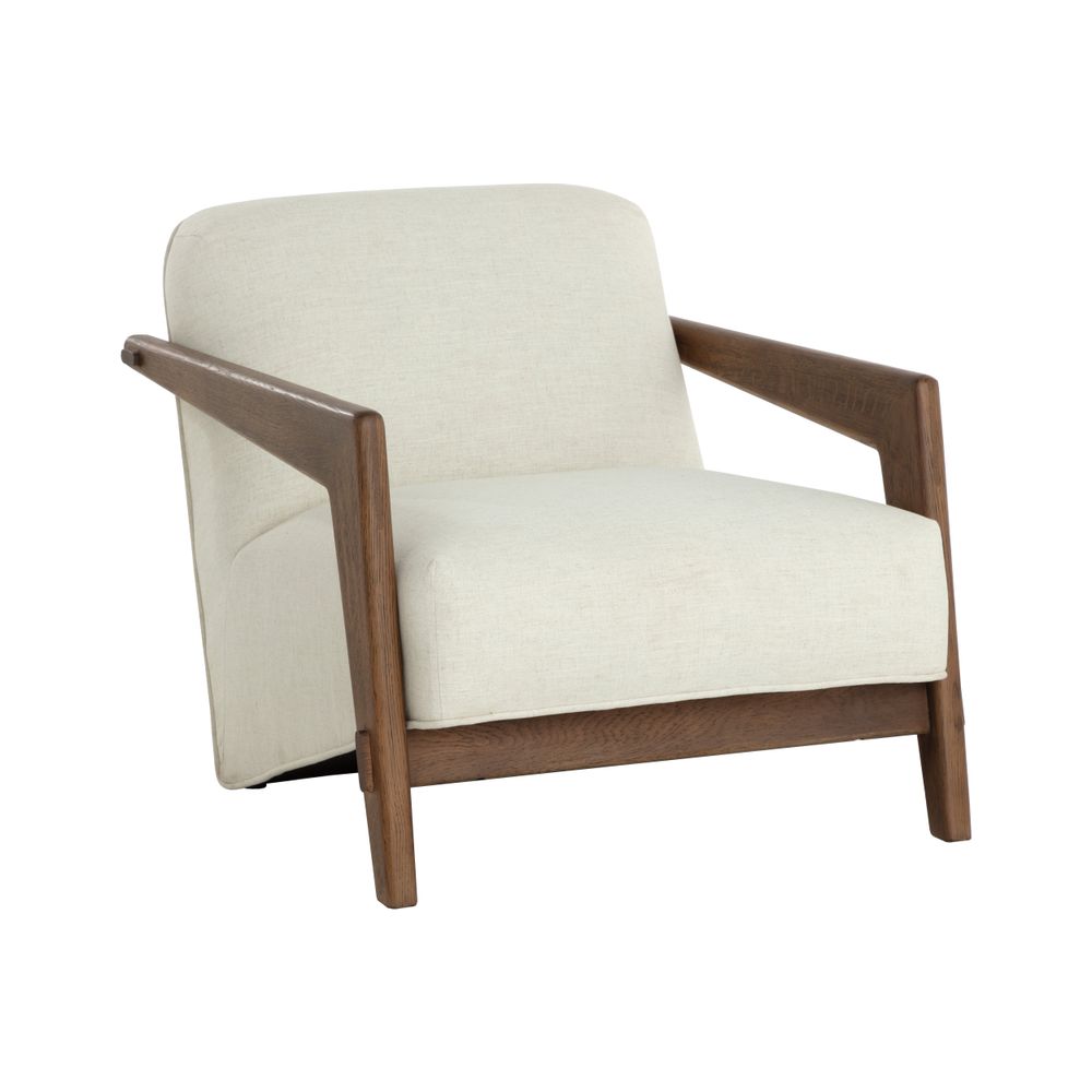 Bosco Lounge Chair, shown in cream and off-white with linen fabric, oak wood, and fixed wood arms.