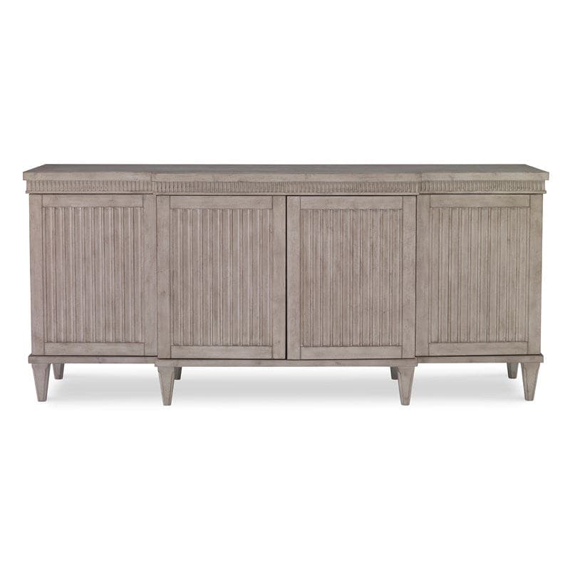 Bourdin Multi-Use Cabinet, shown in greige and light gray with wood and four hinged cabinet doors.