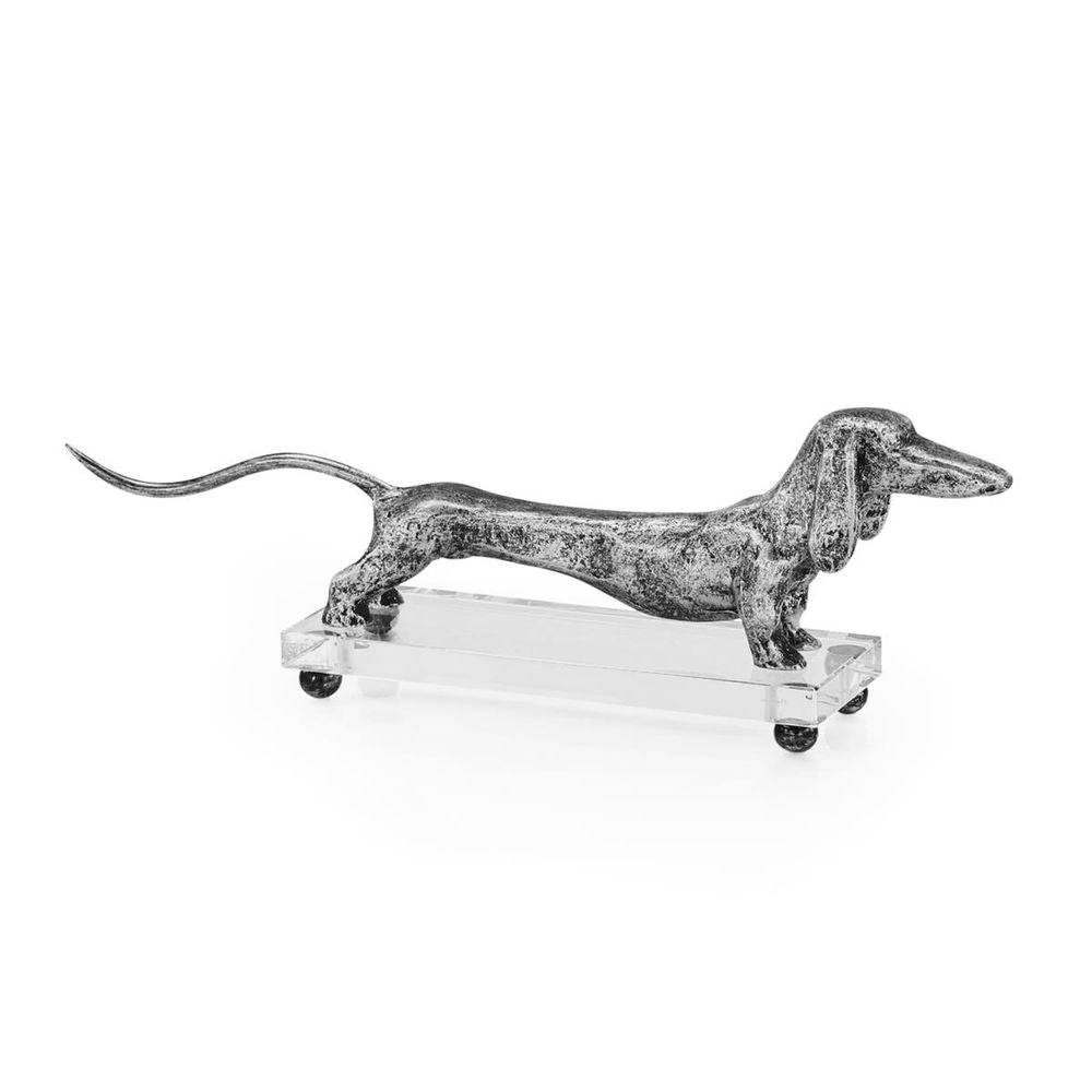 Canine Sculpture, shown in silver and gray with metal, acrylic, and freestanding acrylic base with spherical feet.