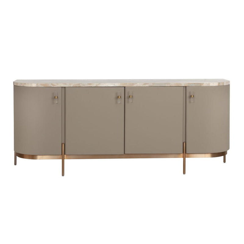 Cataldi Sideboard, shown in taupe and beige with wood, stone, and four-door cabinet storage.