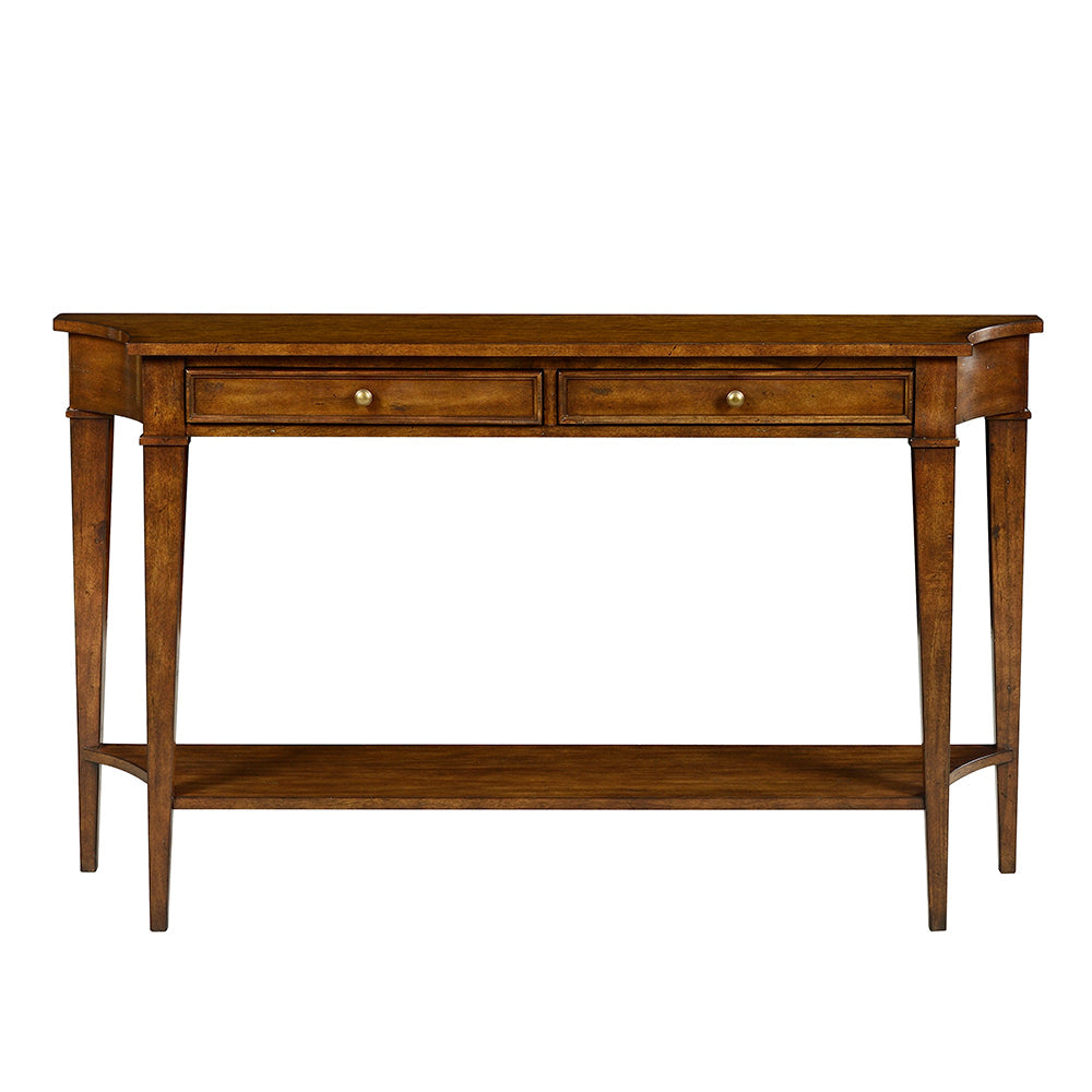 Salem Console Table, shown in dark brown and walnut with wood, brass, and two storage drawers.
