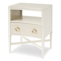 Alternate view of Reshee Petite Nightstand, featuring painted matte finish, wood, metal, and open upper shelf.