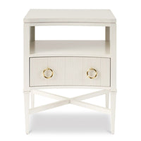 Reshee Petite Nightstand, shown in ivory and cream with wood, metal, and open upper shelf.