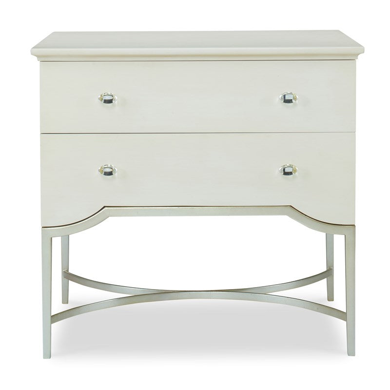 Edward Nightstand, shown in ivory white and cream with wood, metal, and two full-width drawers.