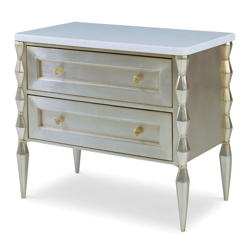 Alternate view of Falcon Nightstand, featuring metallic leaf finish, wood, marble, and two full-width drawers.