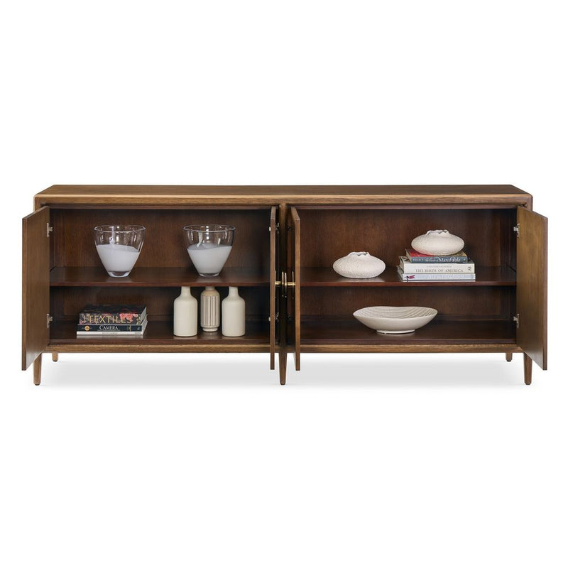 Alternate view of Weston Credenza, featuring wood, brass metal, and four hinged cabinet doors.