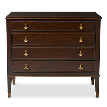 Whitehaven Chest, shown in dark brown and espresso with wood, brass, and four full-width drawers.
