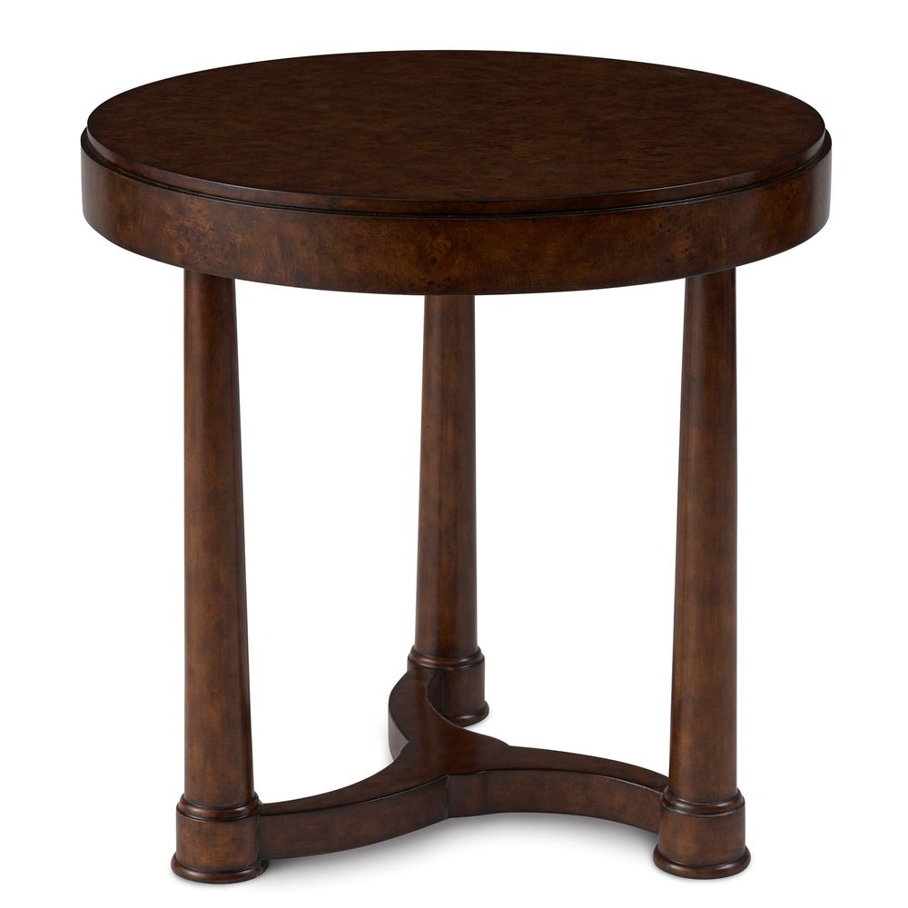 Baroque End Table, shown in dark brown and espresso with wood, burl wood veneer, and fixed round top.