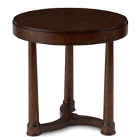 Baroque End Table, shown in dark brown and espresso with wood, burl wood veneer, and fixed round top.