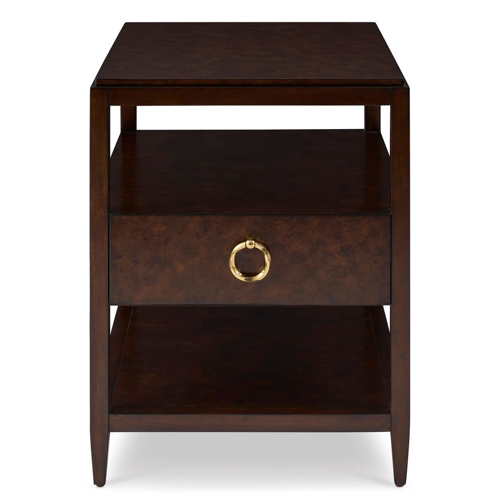 Hendrix End Table, shown in dark brown and espresso with wood, brass, and single drawer with ring pull.