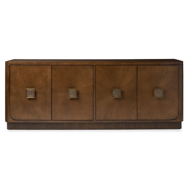 Presscon Credenza, shown in medium walnut brown and warm espresso brown with wood veneer and hardwood.