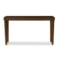 Maddy Console Table, shown in medium brown and warm walnut brown with wood, metal, and long narrow console proportions.