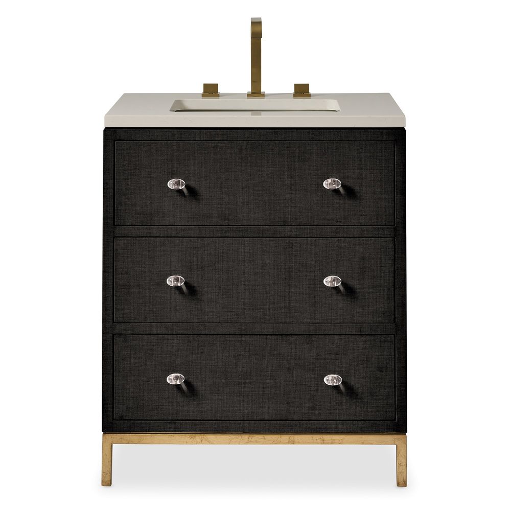 Compact Vanity Chest, shown in black and cream with fabric-wrapped wood, stone composite, and integrated sink basin.