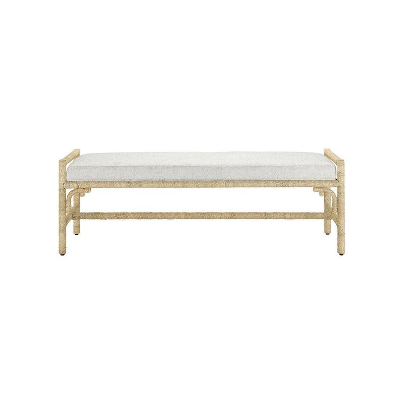 Olisa Natural Bench, Rowann Pearl, shown in natural beige and off-white with abaca rope and wrought iron.